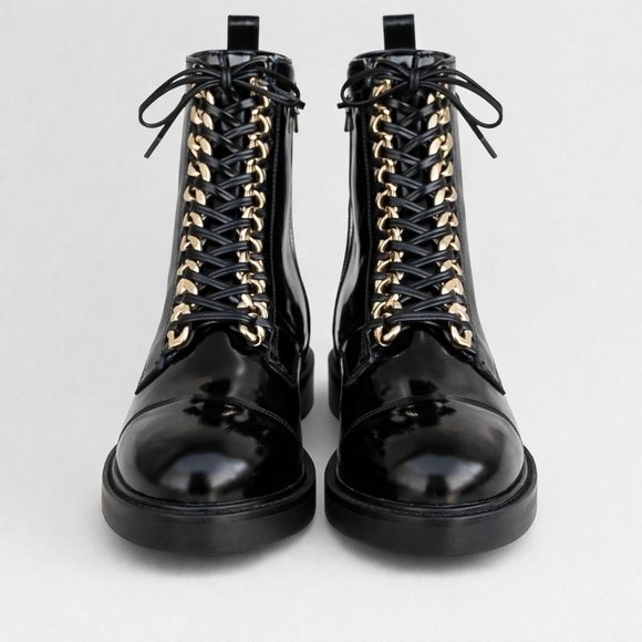 Jeffrey Campbell Shoes - Statement combat boots with edgy gold chain hardware from Jeffrey Campbell 9.5.
